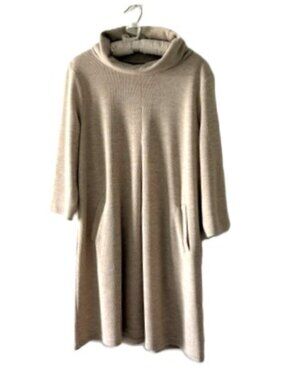 Inspire Chic Tan Turtleneck Knit Pullover Dress with Pockets and 3/4 Sleeves